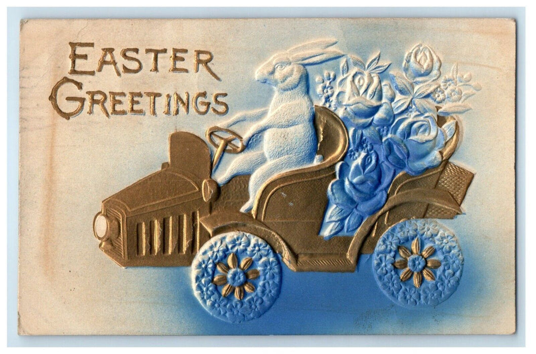 1910 Easter Greetings Rabbit Driving Car With Rose Flowers Embossed Postcard