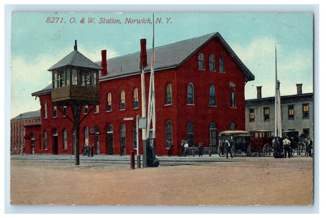 1912 O. & W. Station Depot Railroad Train Horse Carriage Norwich NY Postcard