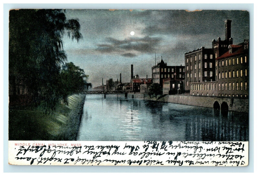 1906 Moonlight Middle Canal Holyoke Massachusetts MA Posted Postcard