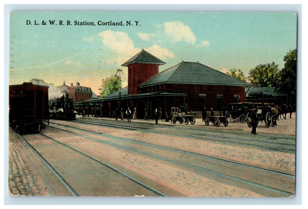 1913 D. L. & W. R. R. Railroad Depot Train Station Cortland New York NY Postcard