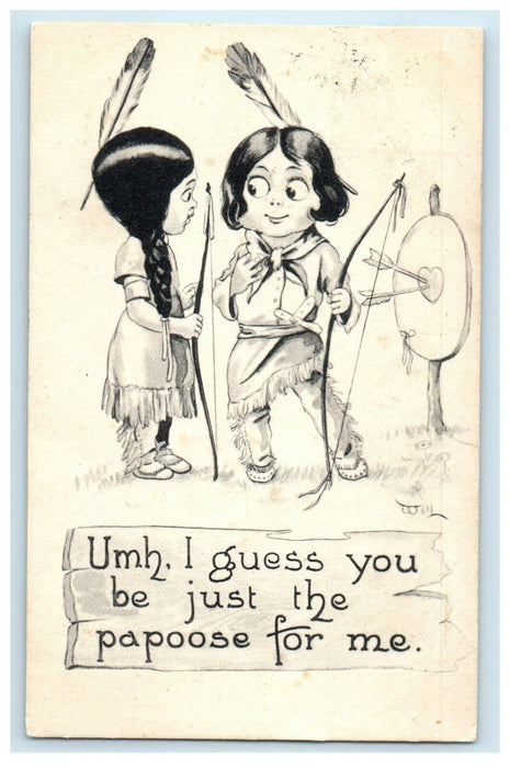 Indian Boy Girl Bow & Arrow Archery Wall Artist Signed Glenwood City WI Postcard
