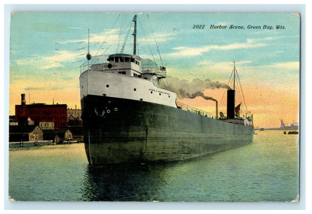 1911 Harbor Scene, Steamboat in Green Bay Wisconsin WI Antique Cancel Postcard