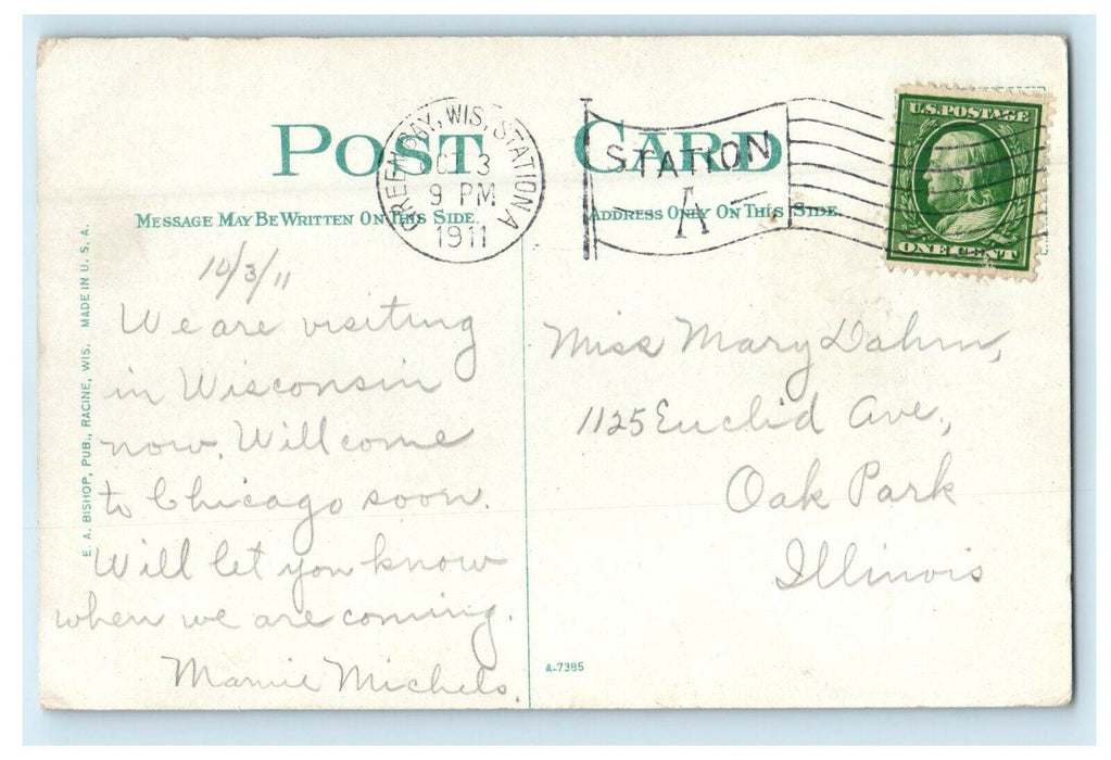 1911 Harbor Scene, Steamboat in Green Bay Wisconsin WI Antique Cancel Postcard