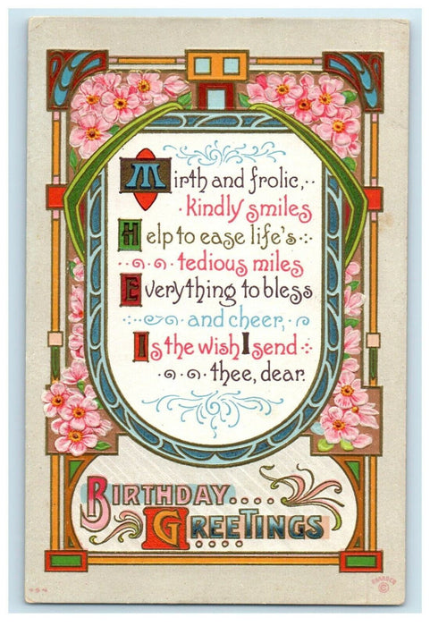 c1910's P. Sander Birthday Greetings Message Poem Embossed Art Nouveau Postcard