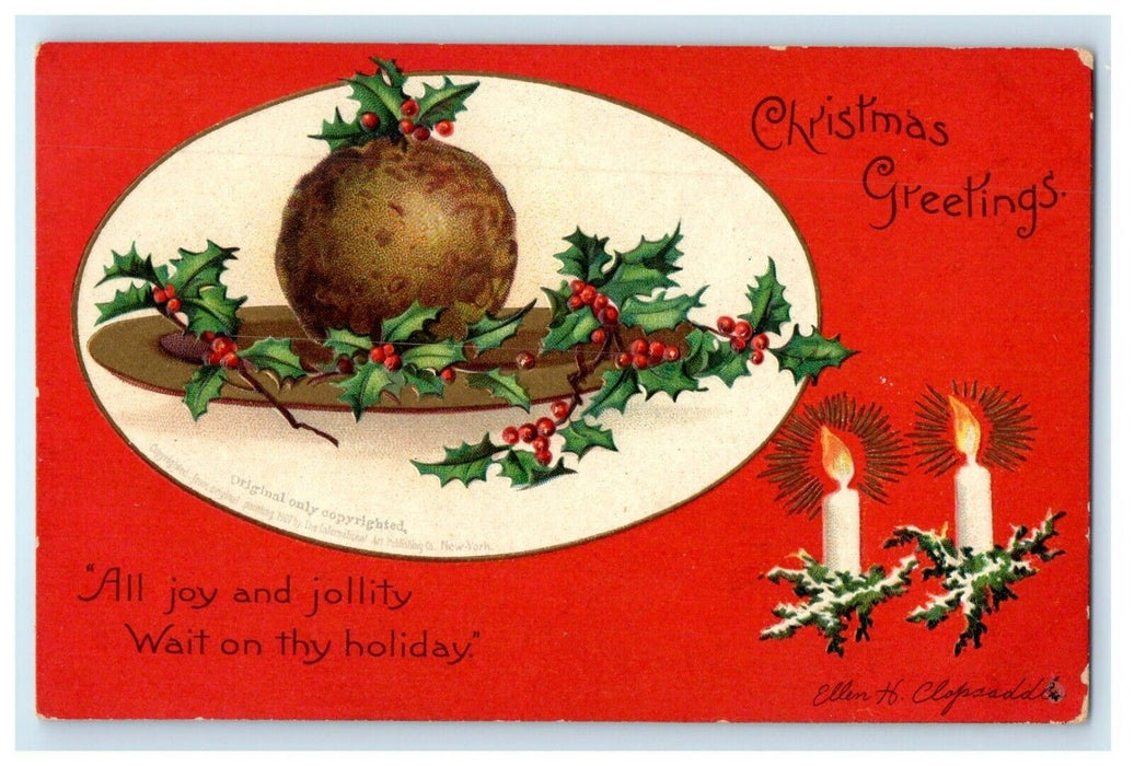 c1905 Ellen Clapsaddle Christmas Greetings Holly Berries Candles Postcard