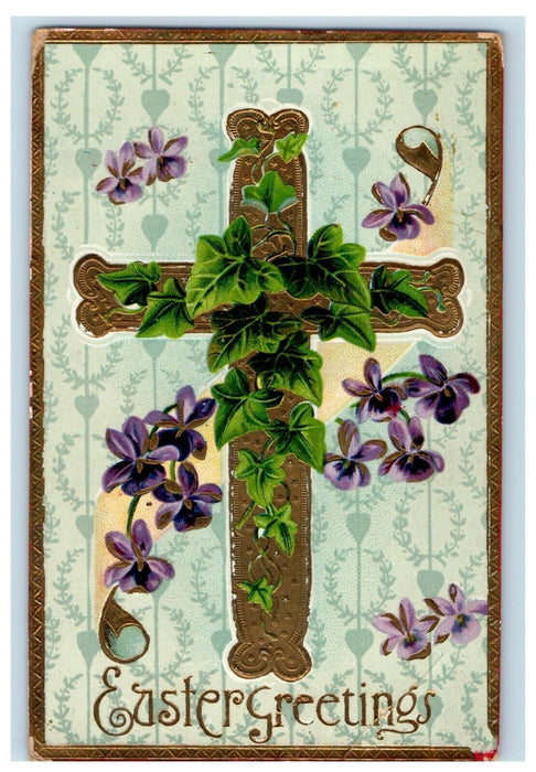 c1910's Easter Greetings Cross Pansies Flowers Gel Gold Embossed Postcard