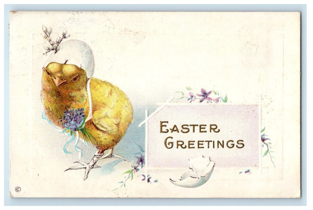 1914 Easter Greetings Hatched Egg Chicks Bonnet Embossed Buckingham IL Postcard