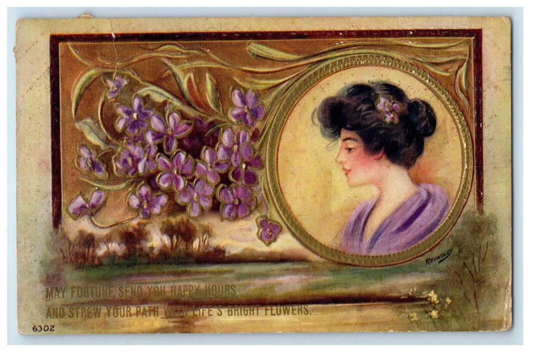1911 Beautiful Victorian Girl Purple Flowers Art Nouveau Luana Iowa IA Postcard