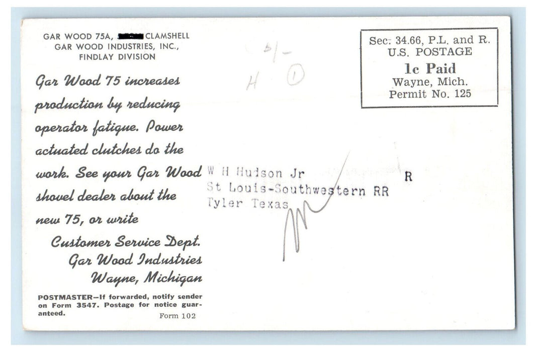 c1960s Gar Wood 75A Clamshell Gar Wood Industries Inc Wayne Michigan MI Postcard