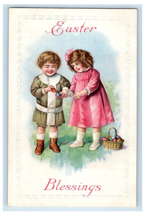 1915 Easter Blessings Two Little Girls Sharing Eggs In Basket Embossed Postcard