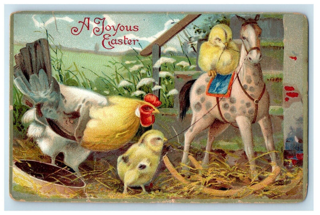 c1910's Easter Greetings Chicken Hen Chicks Riding Donkey  Embossed Postcard