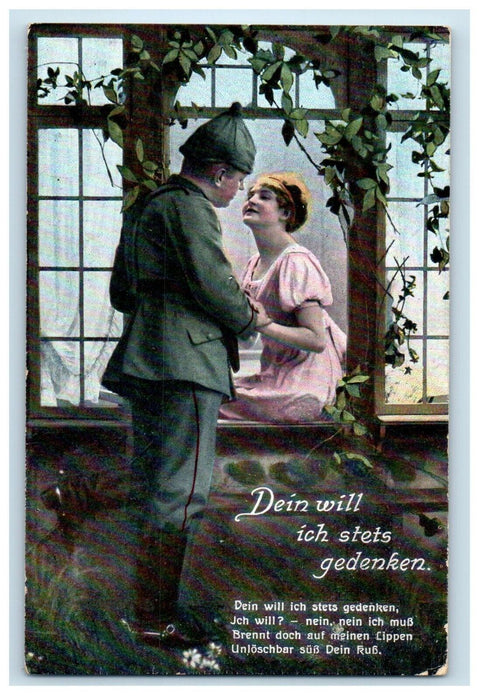 c1910's Couple Kissing In Window Soldier WWI Germany Posted Antique Postcard