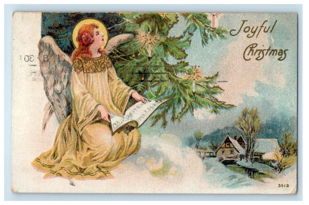 1911 Christmas Greetings Angel Pine Candle Light Snow Winter Embossed  Postcard