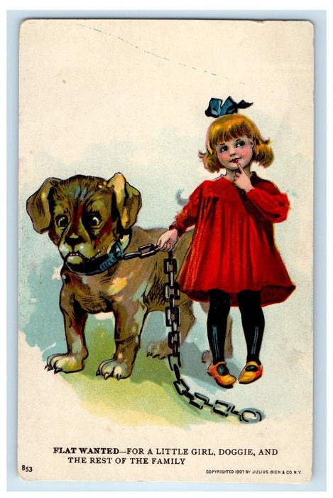 c1910's  Flat Wanted Little Girl Holding Brown Dog Julius Bien & Co. Postcard