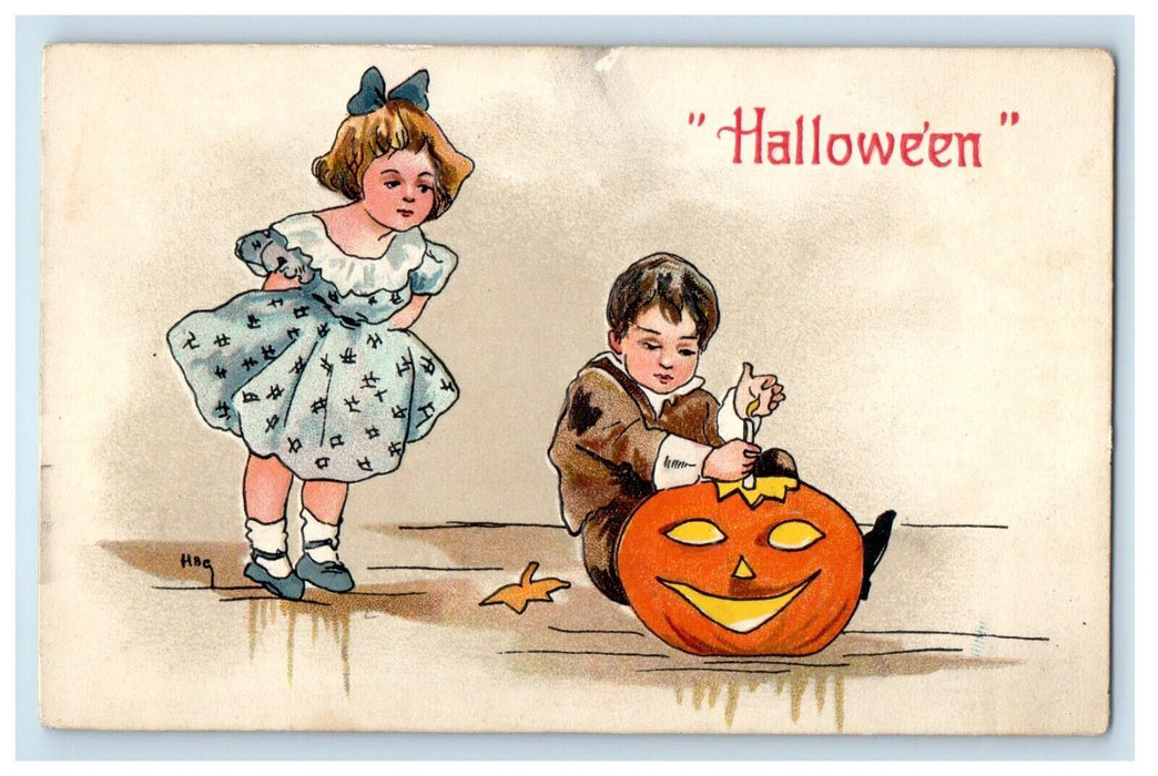 1908 Halloween Girl And Boy Pumpkin Embossed Oneonta New York NY Postcard