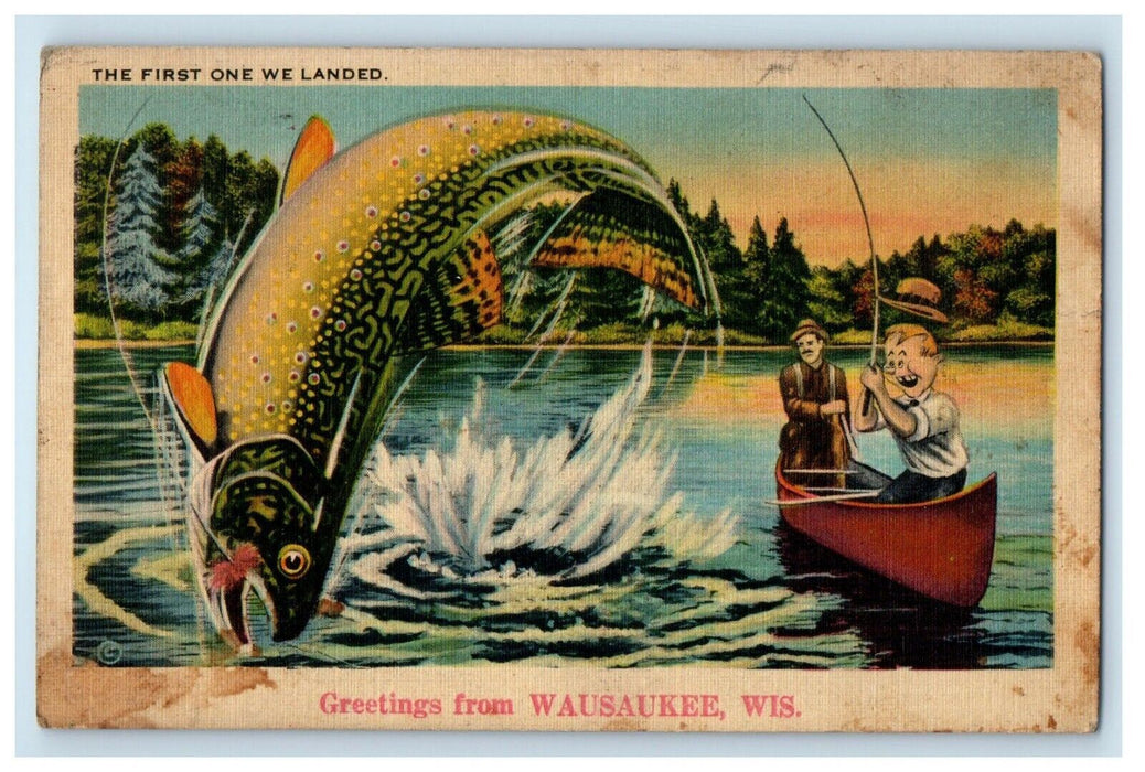 Greetings From Wausaukee WI, Fishermen Cached Exaggerated Fish Boat Postcard