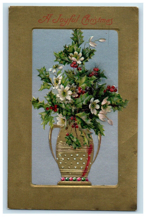 Christmas Greetings Holly Berries Flowers Base Winsch Back Embossed Postcard