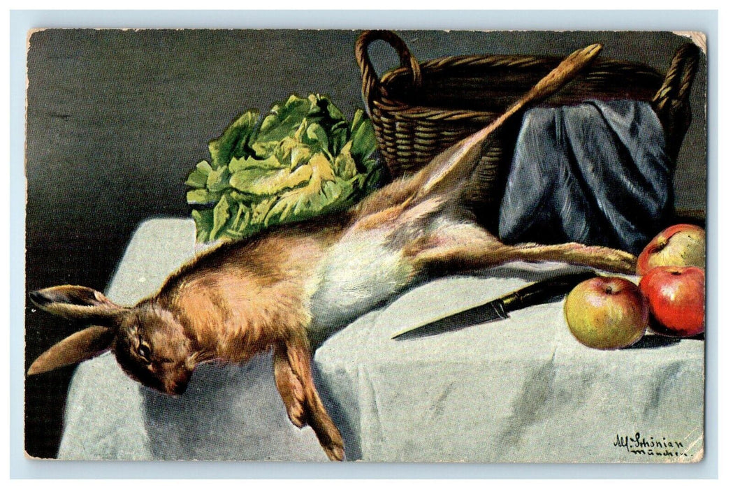 1906 Rabbit Still Life Knife Basket And Veggies Madison Wisconsin WI Postcard