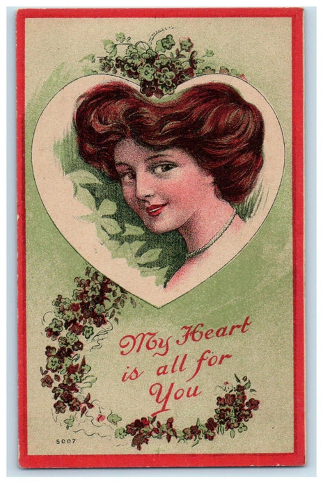 c1910's Valentine Beautiful Victorian Girl In Heart Shape Flowers Postcard