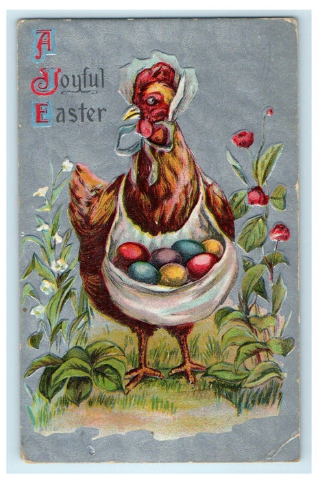 c1910's A Joyful Easter Chicken Hen Apron Eggs Flowers Embossed Postcard