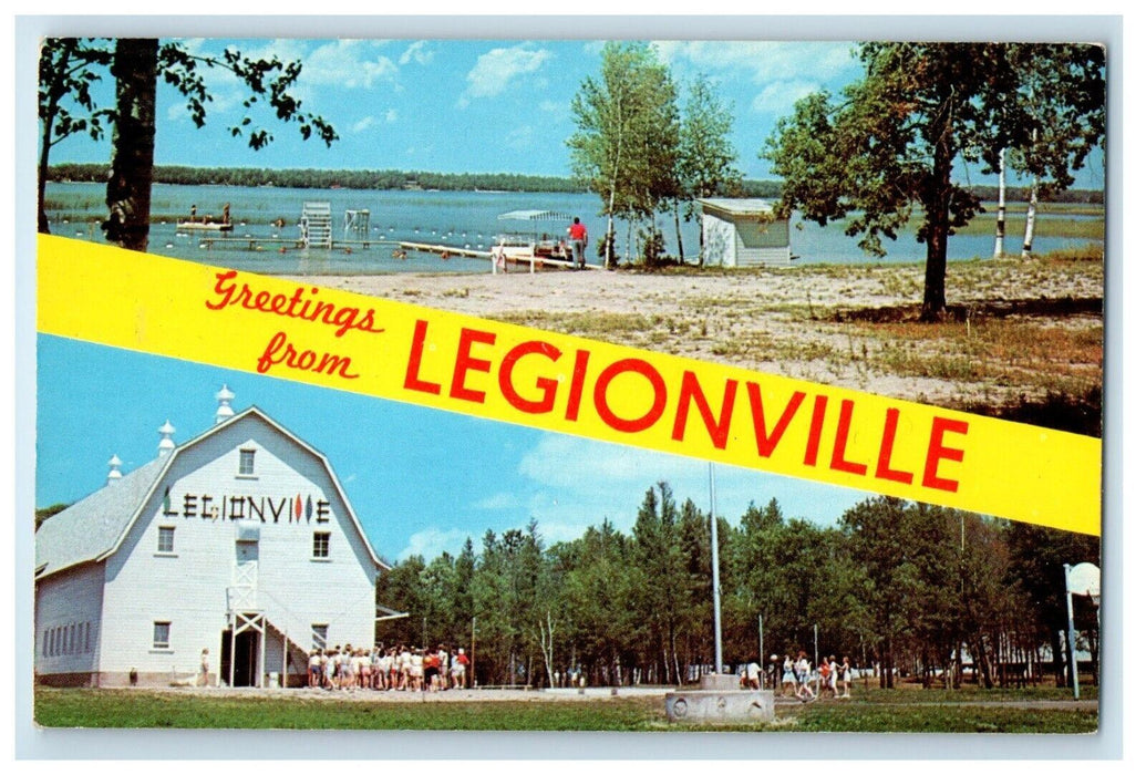 Greetings From Legionville Minnesota MN, Camp View Banner Antique Postcard