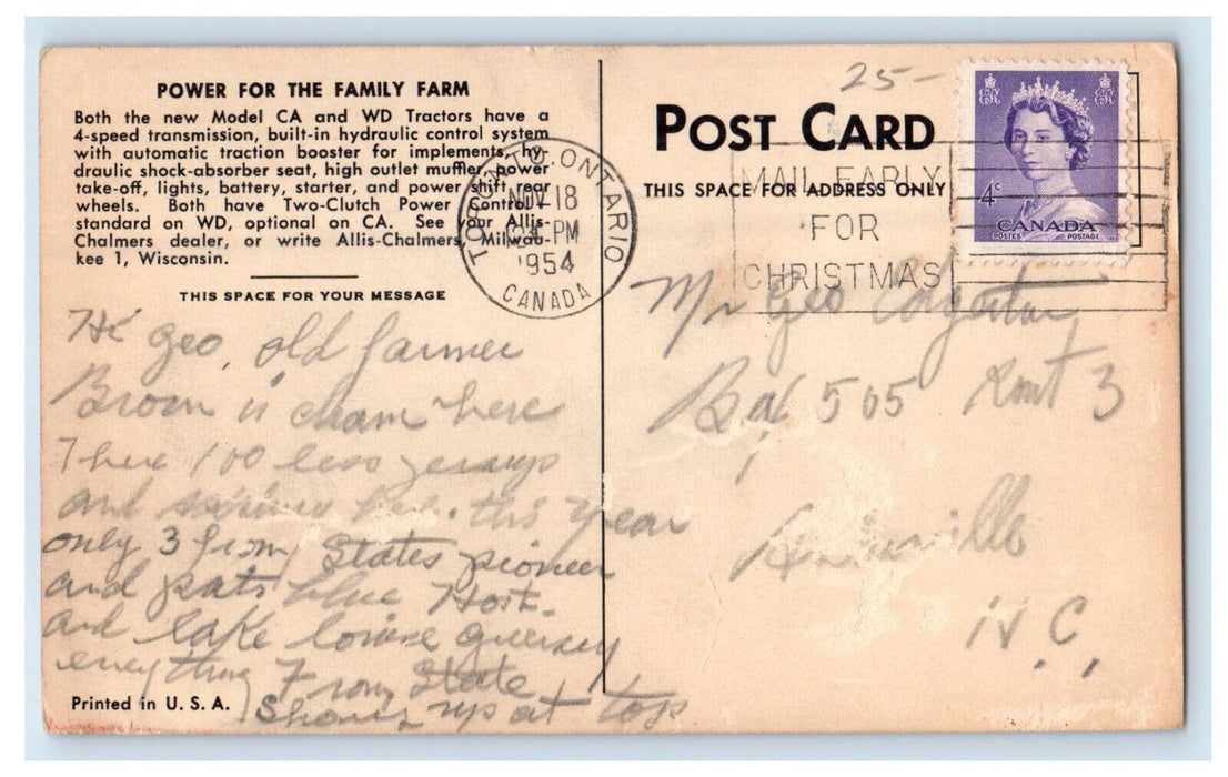 1954 CA 2 Bottom and WD 3 Bottom Mounted Plows Advertising Postcard