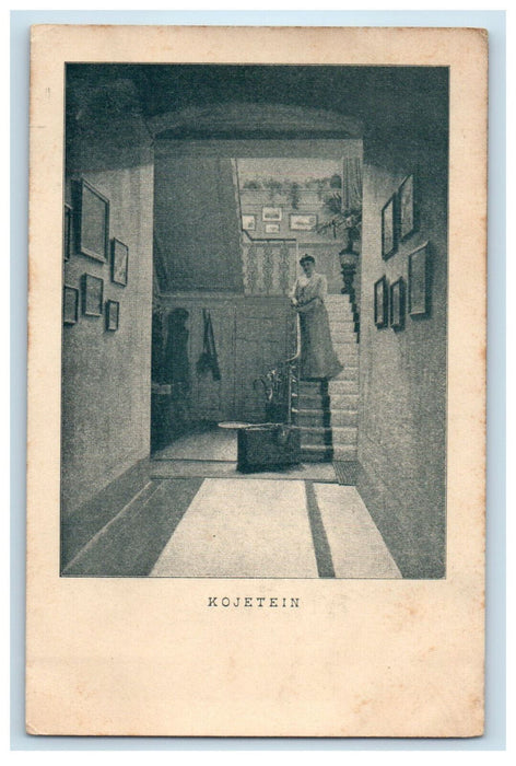 c1920s Woman Standing on Steps, Kojetein Czech Republic Foreign Postcard