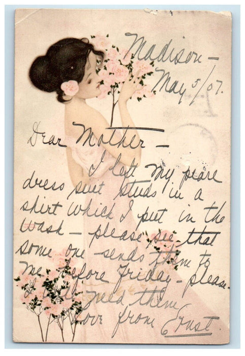 1907 Beautiful Girl Pink Flowers Art Nouveau Madison Wisconsin WI Postcard