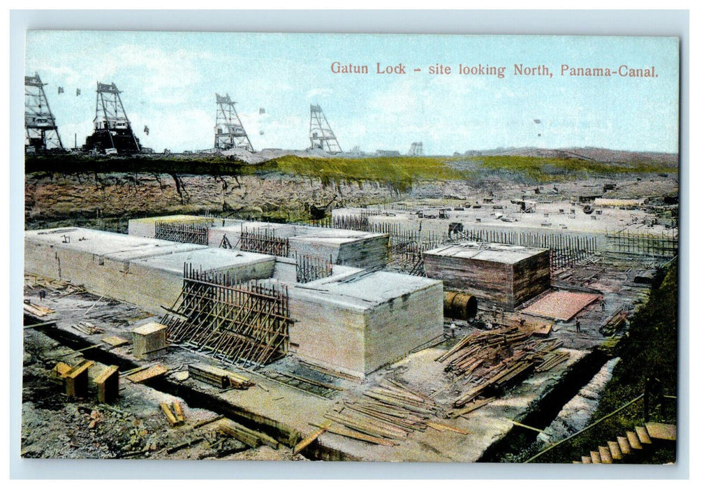 c1910 Gatun Lock site Looking North Panama Canal Antique Posted Postcard
