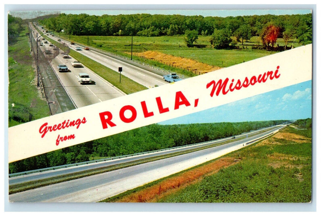 Greetings From Rolla Missouri MO, Road Cars View Banner Vintage Postcard