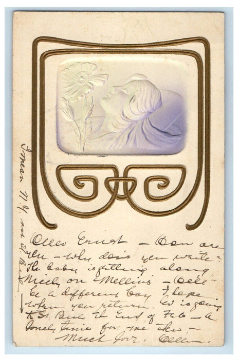 1908 Airbrush Sleeping Woman Flower Arts & Craft Embossed Madison WI Postcard