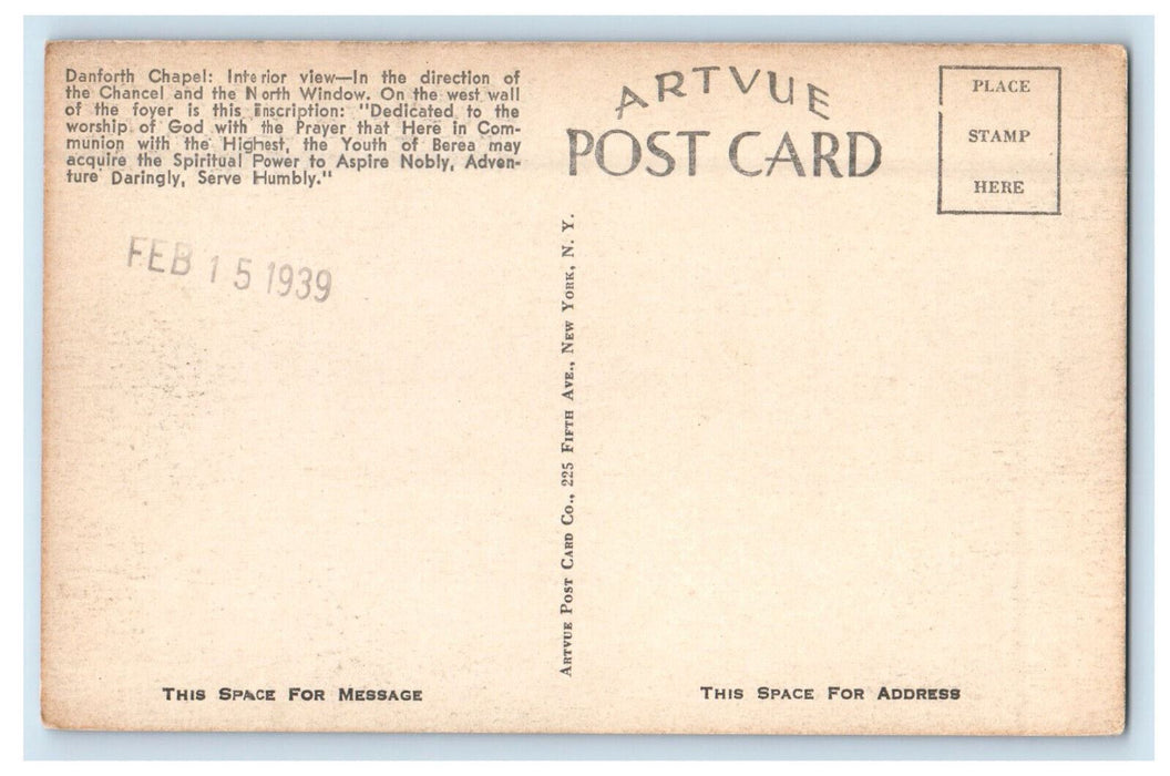 1939 The Danfort Chapel Interior View Artvue Unposted Postcard