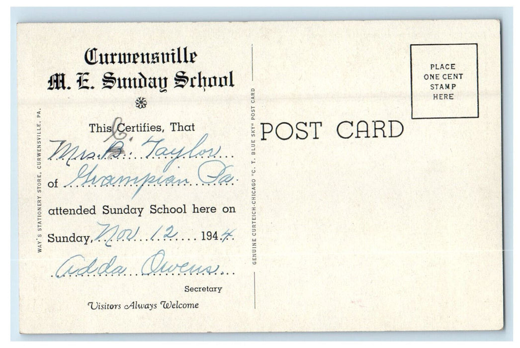 1944 M.E Church Corner State and Walnut Streets Curwensville PA Postcard