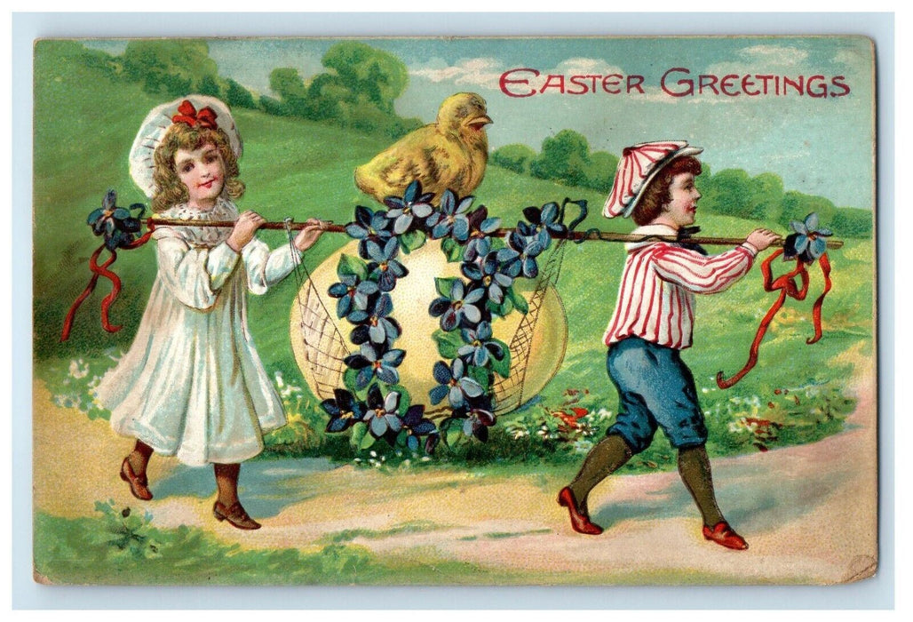 1909 Easter Greetings Boy Girl Giant Egg And Chick Pansies Flowers Postcard