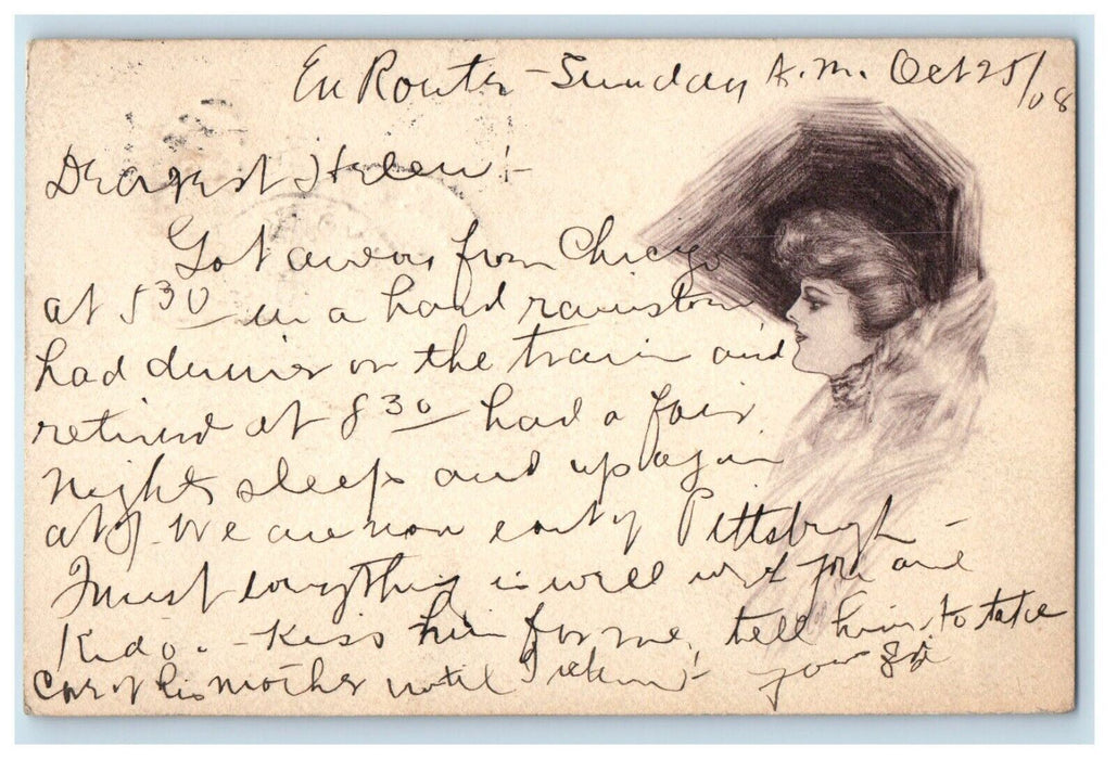 1908 Victorian Woman Hat Sketch Artist Signed New York Pittsburg RPO Postcard