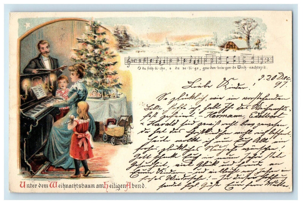 1987 Christmas Tree Piano Doll Baby Carriage Bremen Germany Vintage Postcard