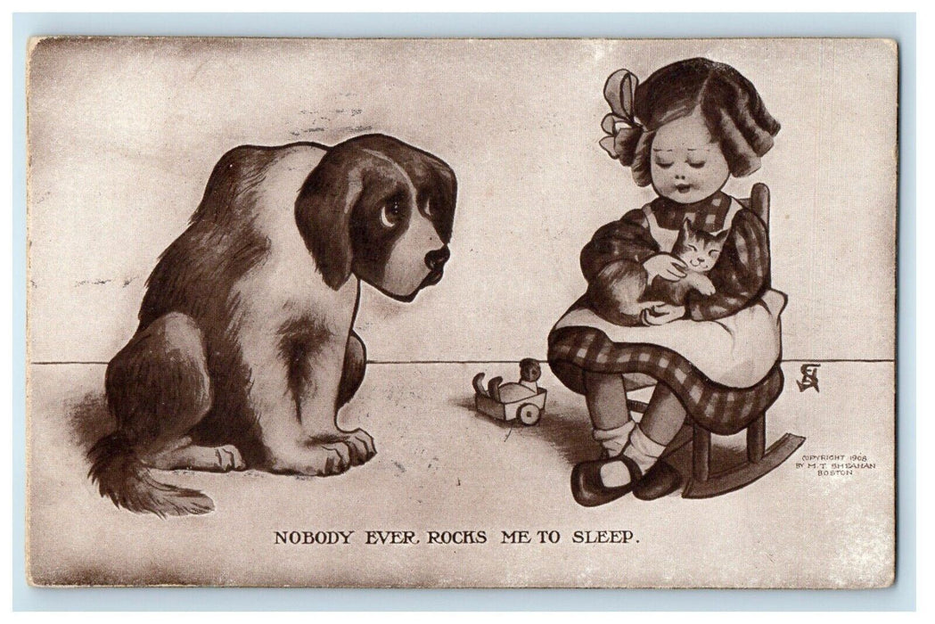 1910 Little Girl Carry Kitten Cat, Sad Dog Bangor Maine ME Antique Postcard
