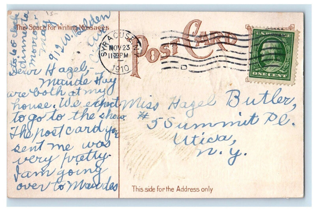 1910 Thanksgiving Greetings Patriotic Hat Turkey Eagle Wishbone Antique Postcard