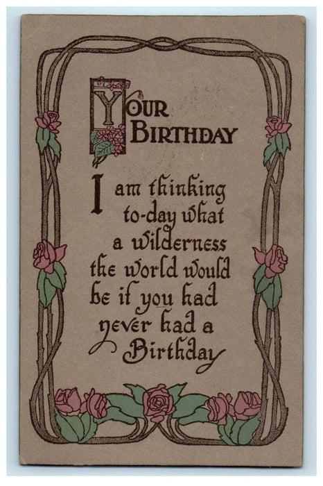 c1920's Birthday Greetings Poem Flowers Arts & Craft Posted Antique Postcard