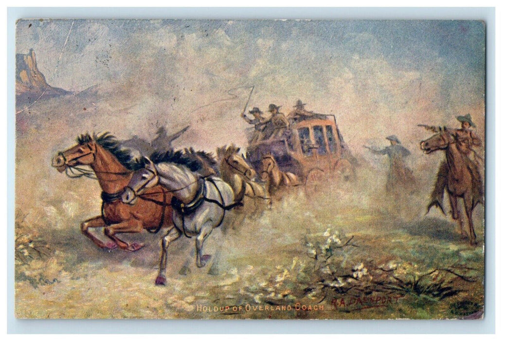 1909  Davenport Rubbers Guns Holdup Of Overland Coach Horses Antique Postcard