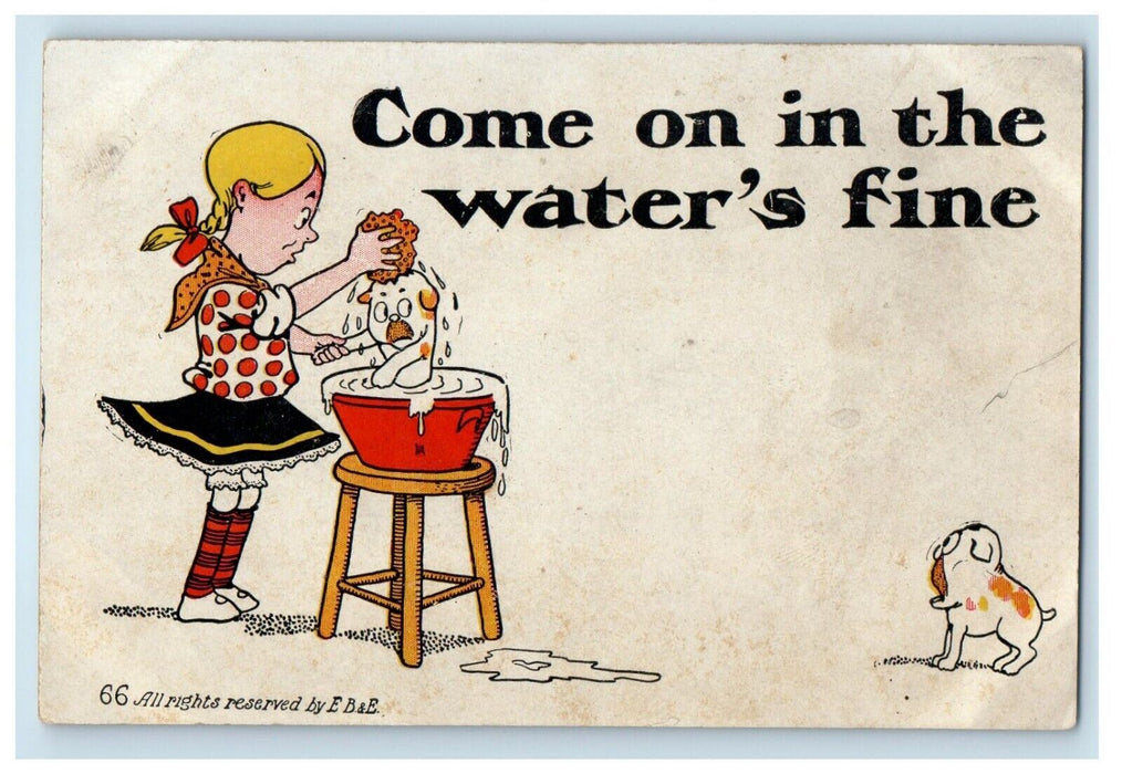 c1905 Girl Bathing Dogs Puppy, Come On In The Water's Fine Unposted Postcard