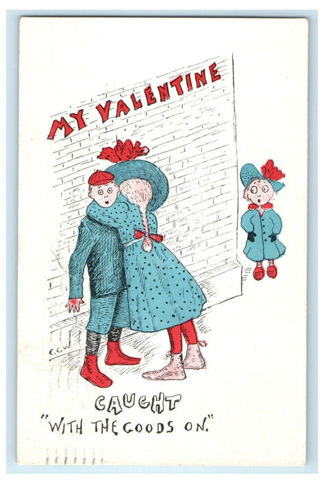 1907 Valentine A Couple Hugged Caught Young Girl Posted Antique Postcard