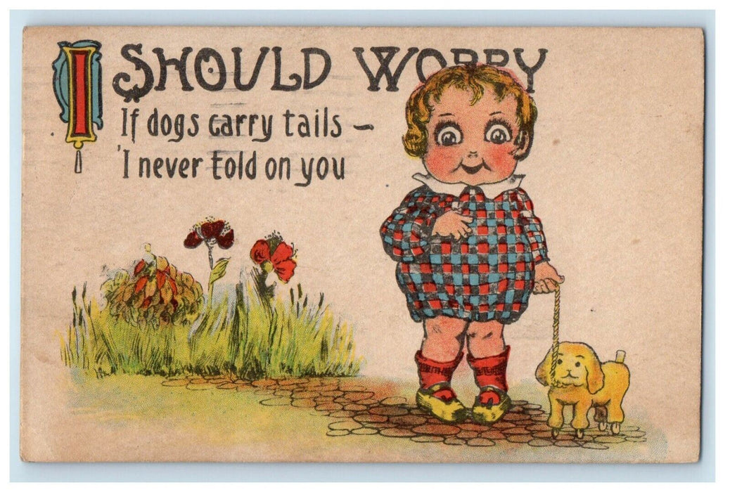 1913 Cute Little Girl With Toy Dog Flowers Joliet Illinois IL Antique Postcard