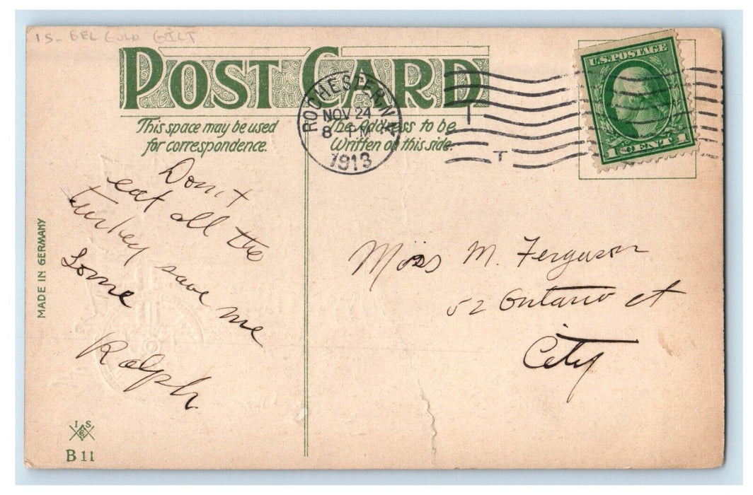1913 Thanksgiving Greetings Turkey Pulling Cart Girl Gel Gold Gilt Postcard