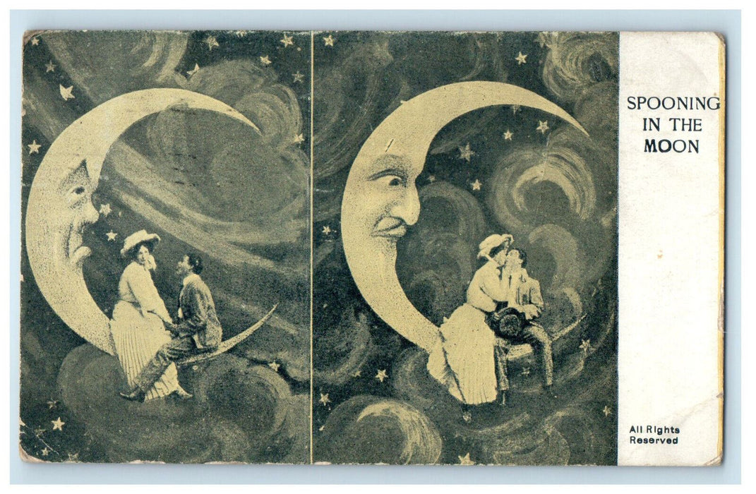 1911 Couple Spooning and Kissing In the Moon Posted Antique Postcard