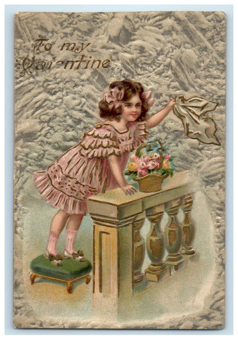 1909 Valentine Pretty Girl Waving Handkerchief Basket Flowers Embossed Postcard