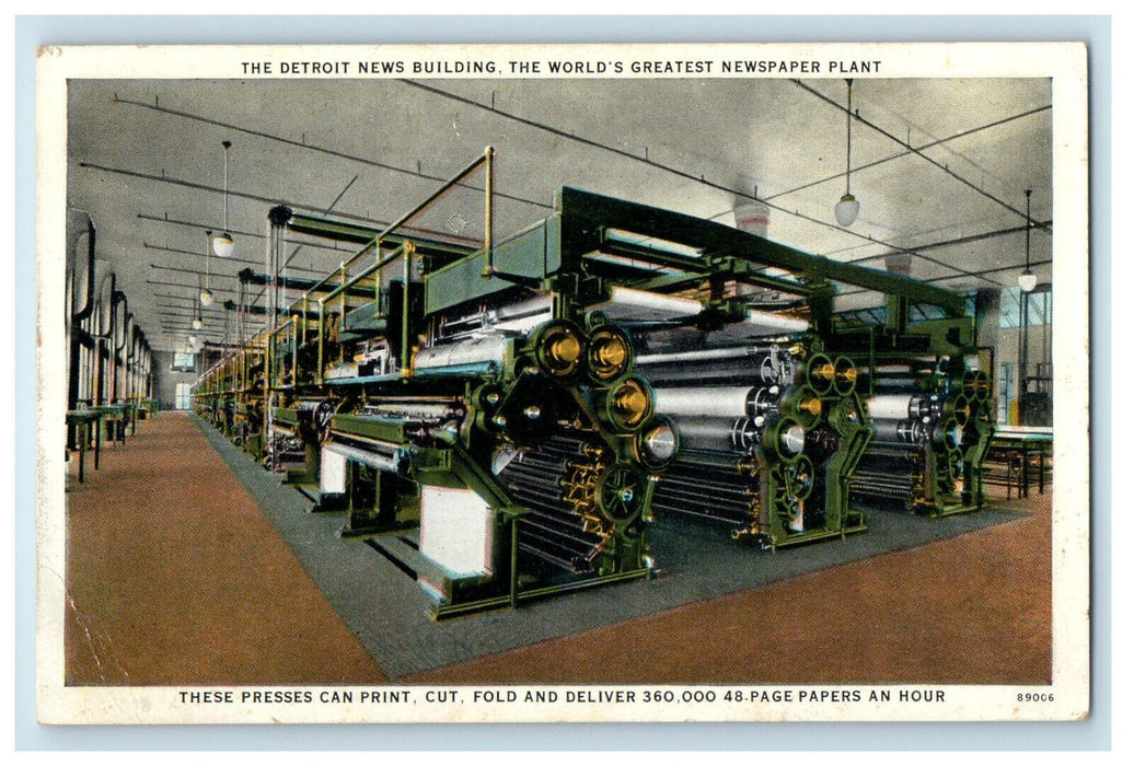 c1920s Print Presses can Cut & Fold, Detroit News Building Michigan MI Postcard