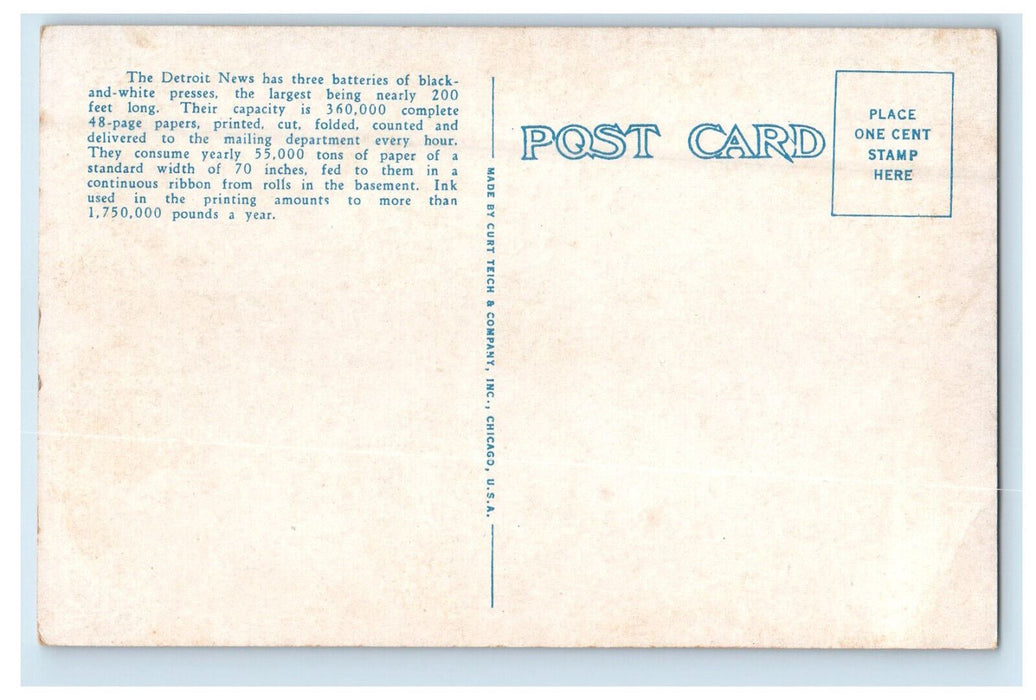 c1920s Print Presses can Cut & Fold, Detroit News Building Michigan MI Postcard