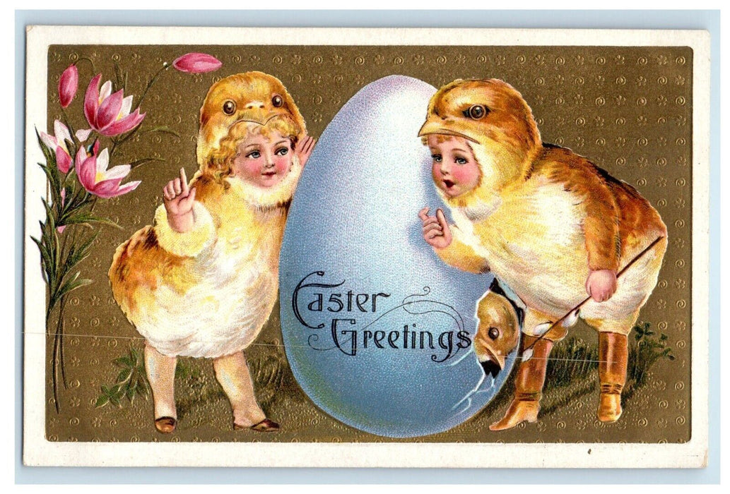 c1910's Easter Greetings Giant Hatched Egg Cute Children Chicks Costume Postcard