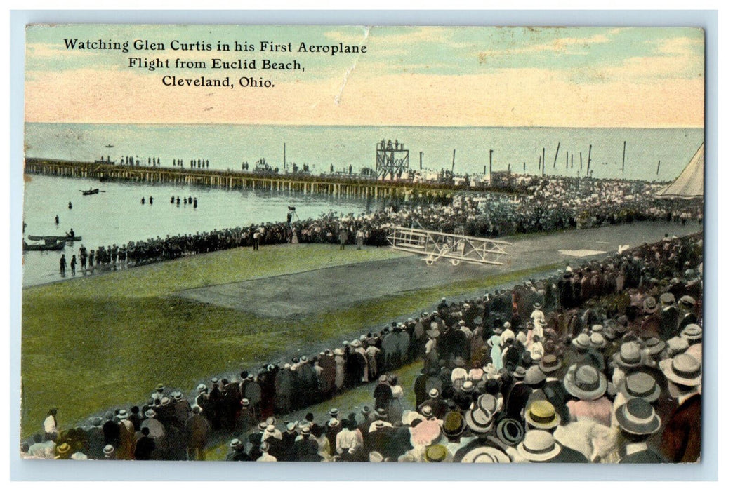 c1910 Watching Glen Curtis in His First Aeroplane Cleveland Ohio OH Postcard